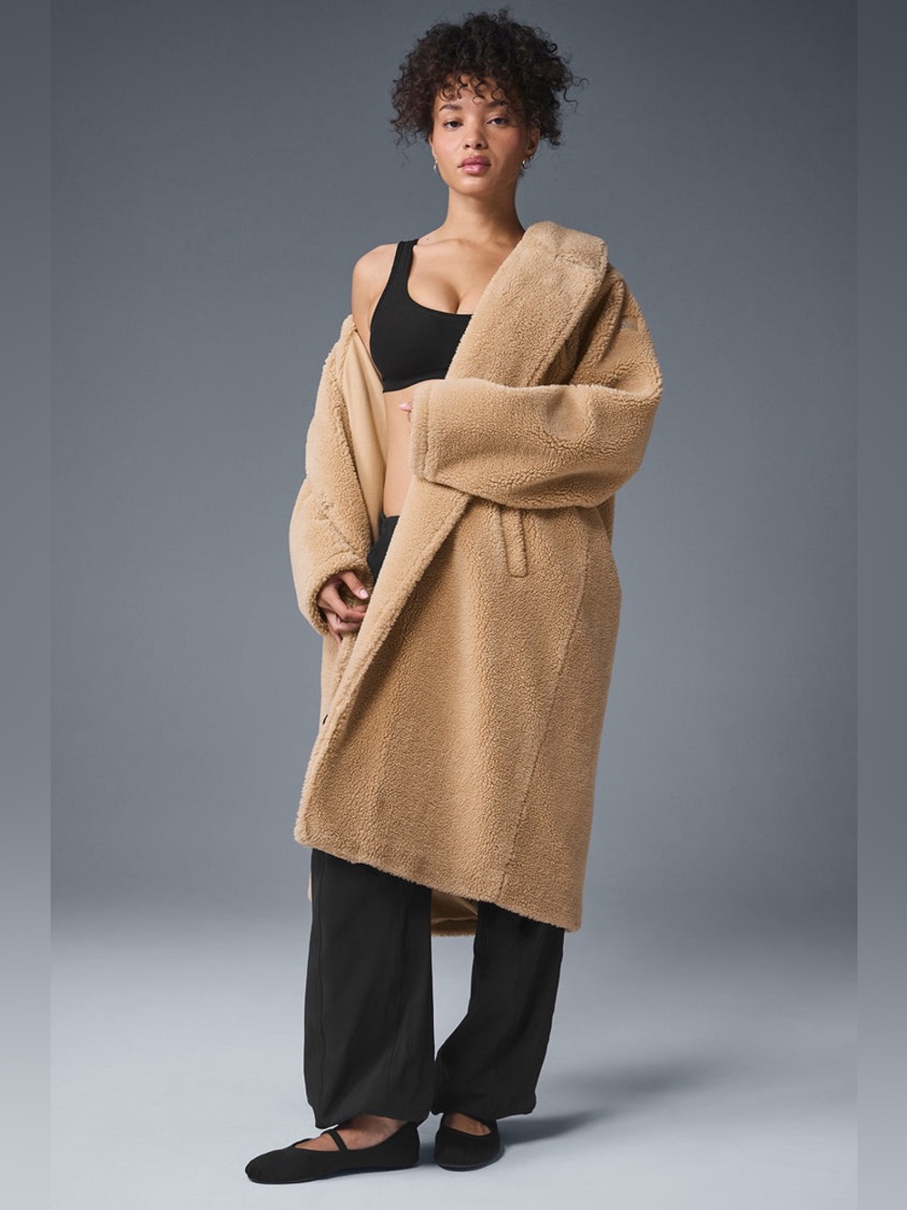 $298 ALO YOGA Camel Oversized Sherpa Trench Coat, Size XS